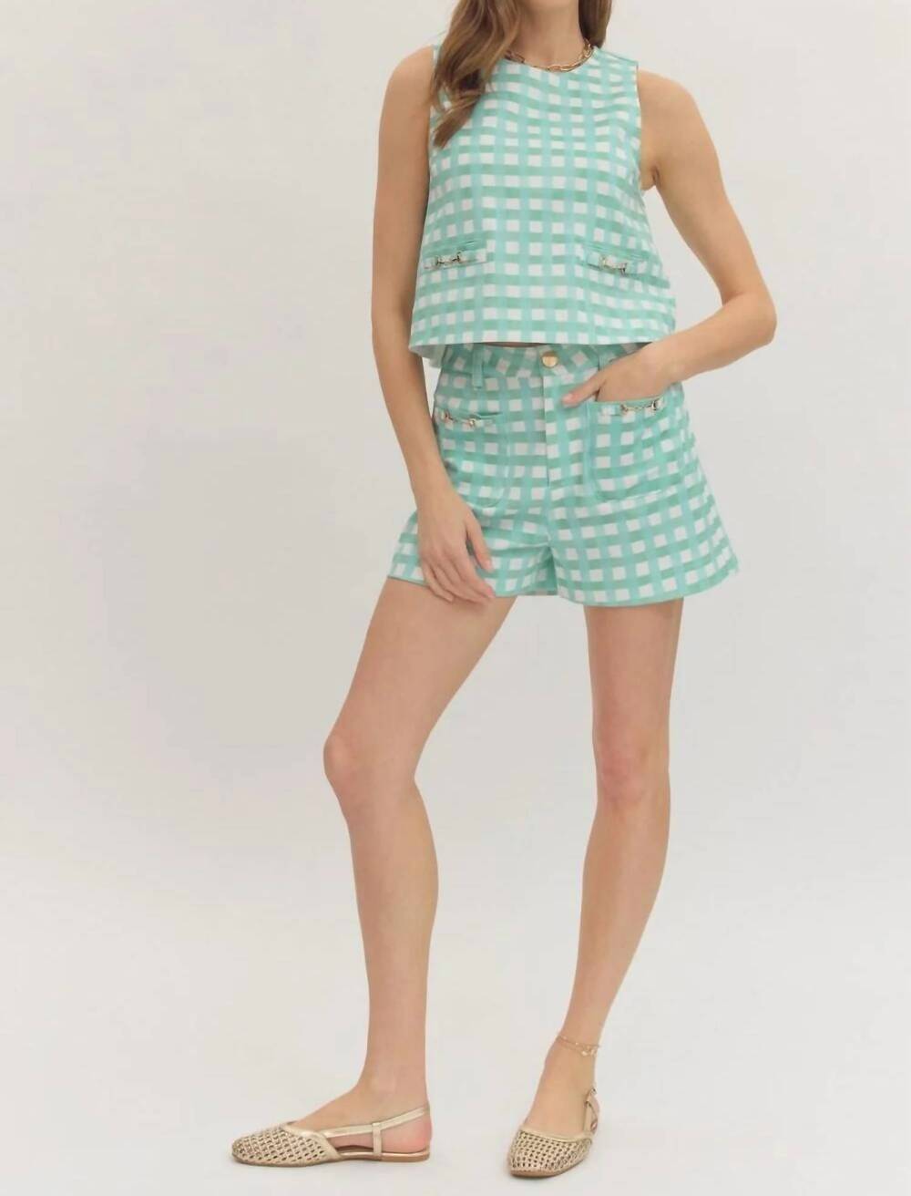 NEW ENTRO the martha's plaid short set in blue